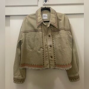 Zara Beige Embroidered Jean Jacket